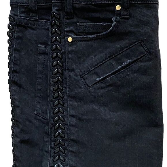 Pierre Balmain Black Distressed Denim Mini Skirt Leather Braided Accents US 6 - Picture 4 of 8